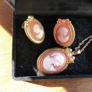 AVON Cameo Necklace + Earring Set w/ Pearl Accents